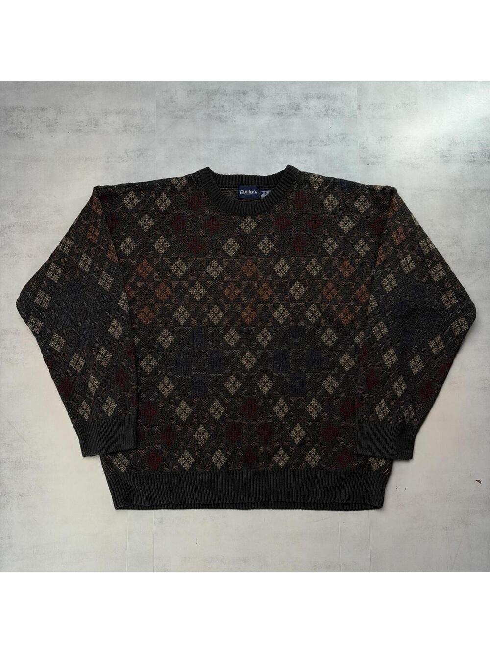 Vintage Brown Puritan Grunge Patterned Knit Grandpa Sweater